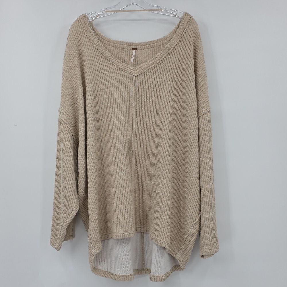 Free People Beige V-Neck Oversized Sweater Size L
